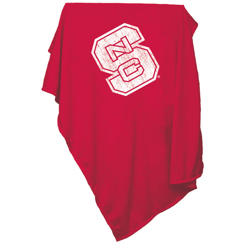 NC State sweatshirt blanket by Logo Brands, featuring a cozy, screened design in green and white with NC State logo and mascot.