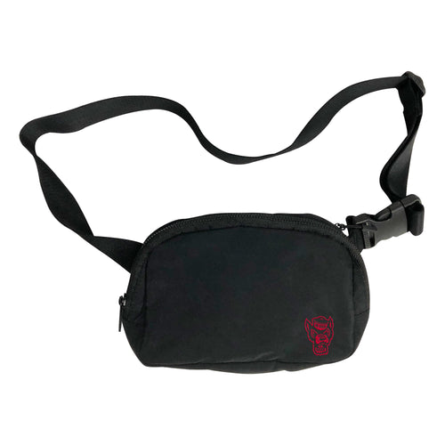Black NC State Belt Bag by Logo Brands with adjustable strap and logo emblem, designed for hands-free carrying.