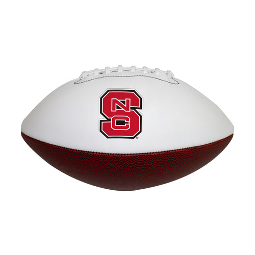 Official NC State autograph football by Logo Brands, recreation size with handwritten signatures on leather surface.