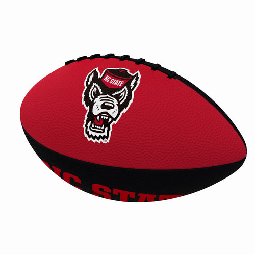 Junior size rubber football with NC State logo, perfect for recreation and outdoor play, by Logo Brands.