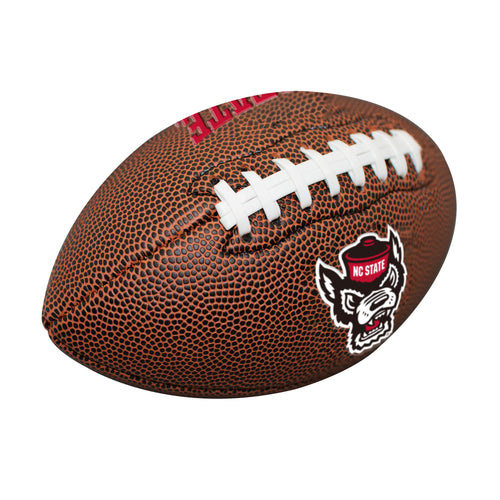 Mini size composite football by Logo Brands featuring NC State logo, ideal for recreation and casual play.