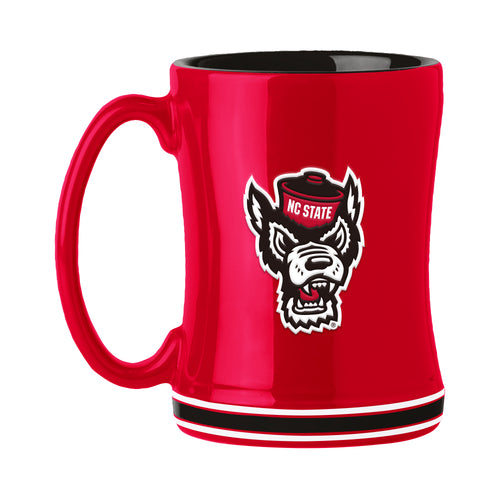 NC State 14oz Relief Mug from Logo Brands, blue ceramic drinkware with NC State logo and relief design, ideal for hot beverages.