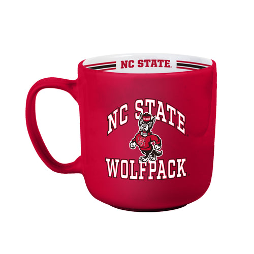 NC State 15oz striped mug by Logo Brands showing the navy and white striped design and NC State logo on the front.