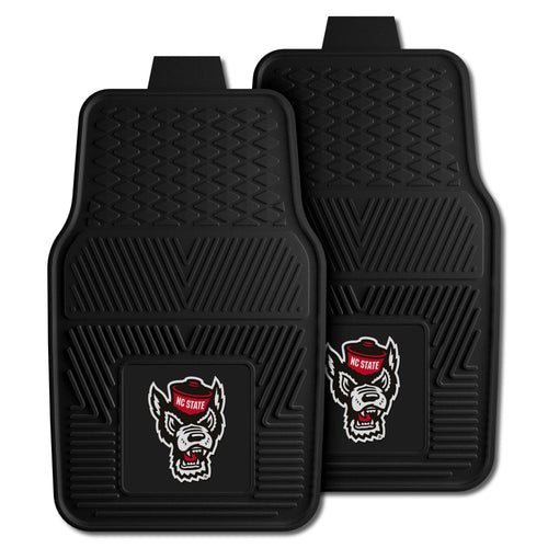 North Carolina State University 2-piece vinyl auto mats set by Logo Brands, featuring Wolfpack logo and durable car floor protection.