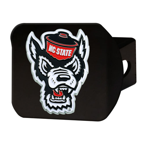Black hitch cover with NC State University logo on a vehicle hitch by Logo Brands.