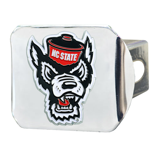 NC State University chrome hitch cover with university logo and vibrant color, designed for vehicle trailer hitch accessories.