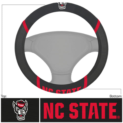 North Carolina State University logo steering wheel cover for cars, black and red auto cover with university emblem.