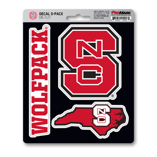 Set of three NC State University decals featuring the Logo Brands logo and wolf mascot designs for decorating surfaces.