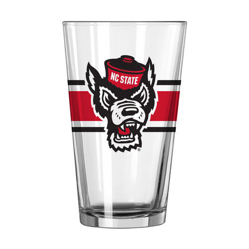 NC State 16oz stripe pint glass by Logo Brands, featuring the university logo and iconic design, suitable for beverages.