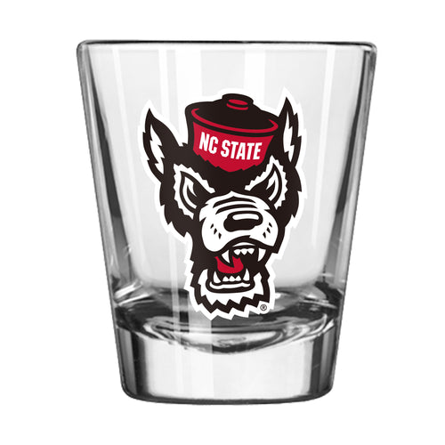 NC State Swagger Shot Glass, 2oz drinkware with logo branding, clear glass with team logo design.