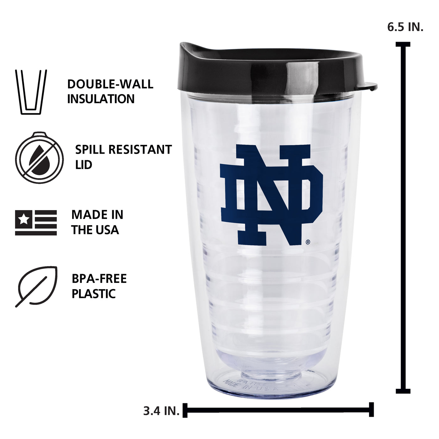 Notre Dame 16oz Flipside Dbl Wall Clear Tumbler