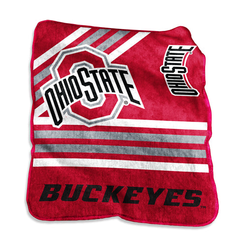 Ohio State Raschel throw blanket by Logo Brands featuring the team logo and school colors, soft and cozy for fans.