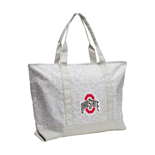 Ohio State leopard pattern tote bag by Logo Brands, featuring bold animal print design and sturdy handles.