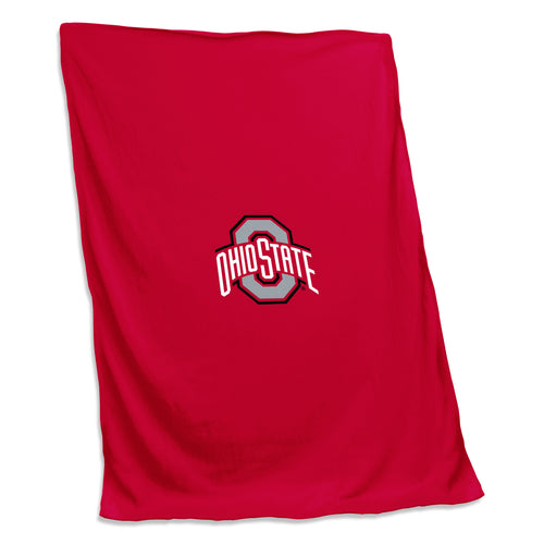 Ohio State sweatshirt blanket by Logo Brands featuring a cozy, printed Ohio State University logo design on soft fabric.