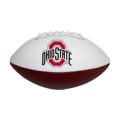 Official Ohio State autograph football by Logo Brands, recreation size with handwritten team signature on leather surface.