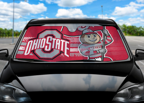 Ohio State University auto shade by Logo Brands, featuring team logo and colors, designed to block sunlight from car windows.