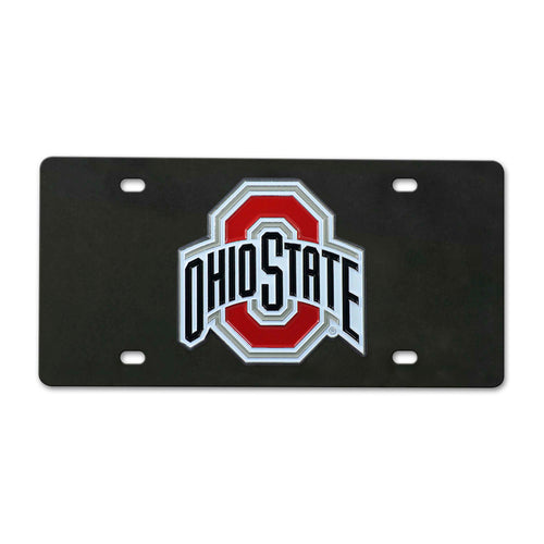 Black Ohio State University diecast license plate with team logo and branding, designed for vehicle decoration.