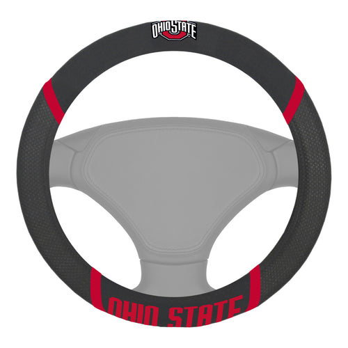 Ohio State University steering wheel cover by Logo Brands, featuring the university logo and sports team colors on a durable auto cover.
