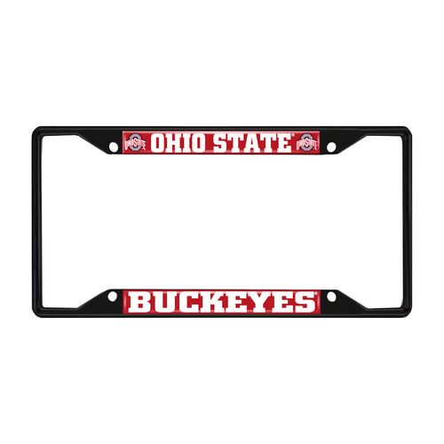 Ohio State University black license plate frame by Logo Brands, featuring team logo and branding for car decoration.