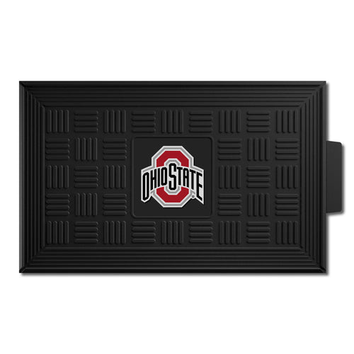 Ohio State University medallion door mat with logo and bold team colors, designed for indoor or outdoor entryway use.