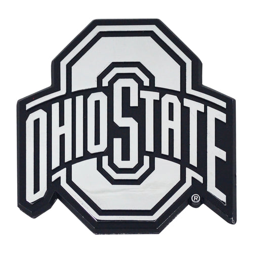 Ohio State University chrome emblem by Logo Brands, featuring the iconic Buckeyes logo on a shiny metal badge.