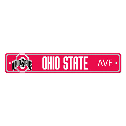 Ohio State University street sign in a mancave, branded by Logo Brands, featuring bold Buckeyes logo and university name.