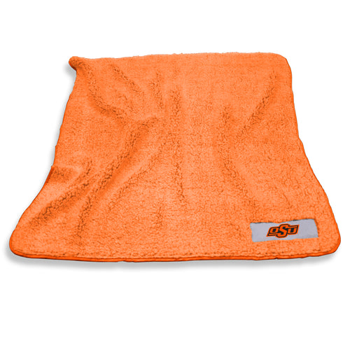 Oklahoma State Logo Brands Frosty Fleece blanket featuring Oklahoma State Cowboys team colors and logo, soft and cozy bedding.