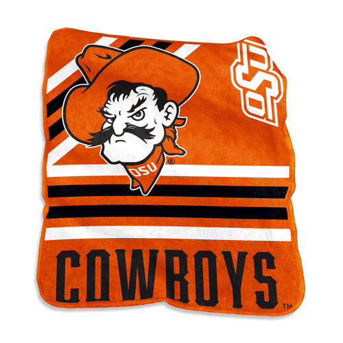 Oklahoma State Raschel throw blanket by Logo Brands, soft and cozy with Oklahoma State logo, perfect for fans' comfort.