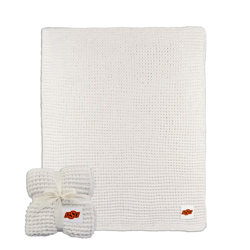 Oklahoma State Ivory cable knit throw blanket from Logo Brands, 50x60 inches, soft and cozy with cable knit pattern.
