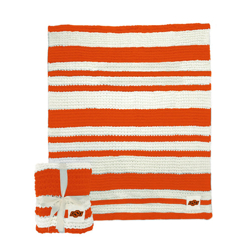 Oklahoma State Cable Knit Throw Blanket by Logo Brands, 50x60 inches, featuring a cozy cable knit design in team colors.