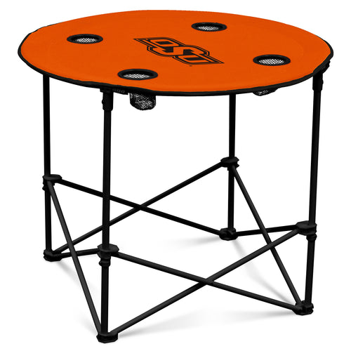 Oklahoma State round wooden table by Logo Brands, featuring the university's logo and vibrant team colors, perfect for game day.