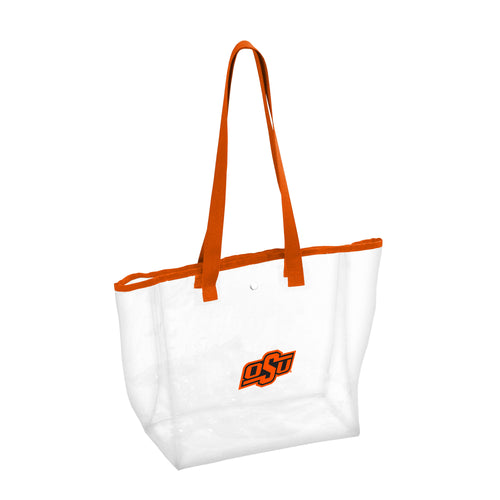 Clear stadium bag by Logo Brands, Oklahoma State themed, showing transparent design with orange and black accents for game day security.