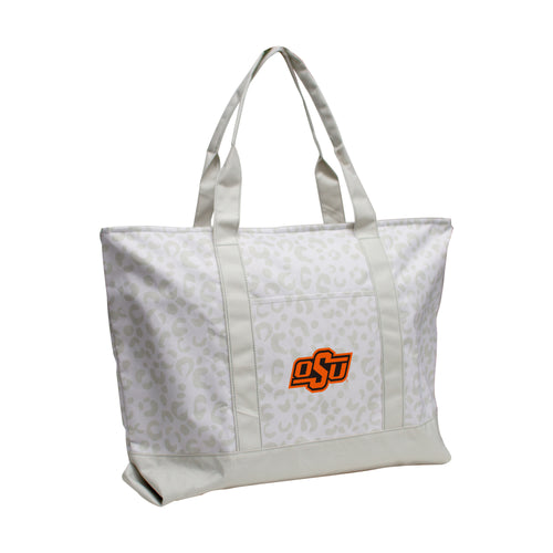 Oklahoma State leopard pattern tote bag by Logo Brands, showing the spacious bag with bold Oklahoma State logo and leopard print design.
