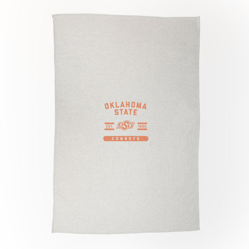Oklahoma State oatmeal sweatshirt blanket with logo branding, soft and cozy throw blanket for college sports fans.
