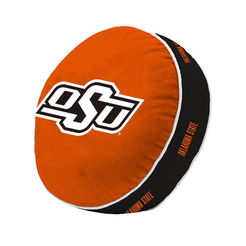 OK State Puff Pillow from Logo Brands, a soft home textile with the Oklahoma State University logo and mascot design.