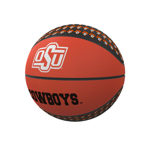 Mini Oklahoma State repeating logo rubber basketball by Logo Brands, perfect for recreation and display.