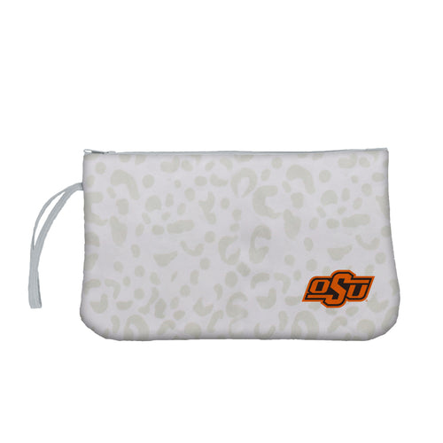 Oklahoma State Leopard Print Wristlet bag by Logo Brands with a wrist strap and bold animal print design.