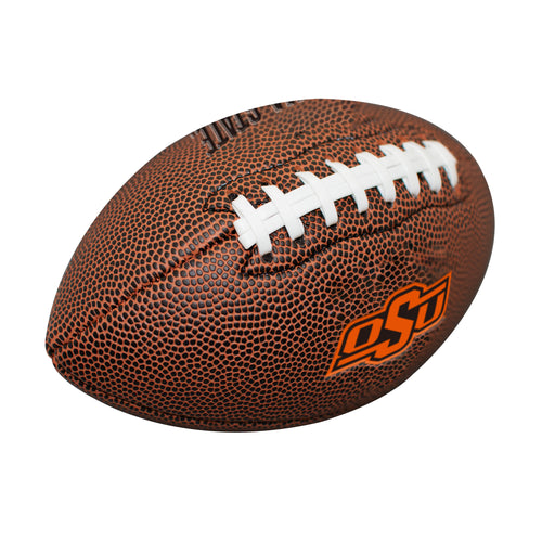 Oklahoma State Mini Size Composite Football by Logo Brands, showing a close-up of the orange football with white laces and team logo.