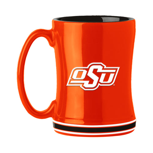 Oklahoma State 14oz relief mug by Logo Brands featuring team logo and design, ideal for hot beverages.