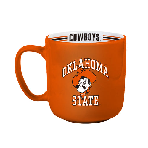 Oklahoma State 15oz Stripe Mug from Logo Brands, featuring orange and navy blue stripes with Oklahoma State logo, ceramic drinkware.