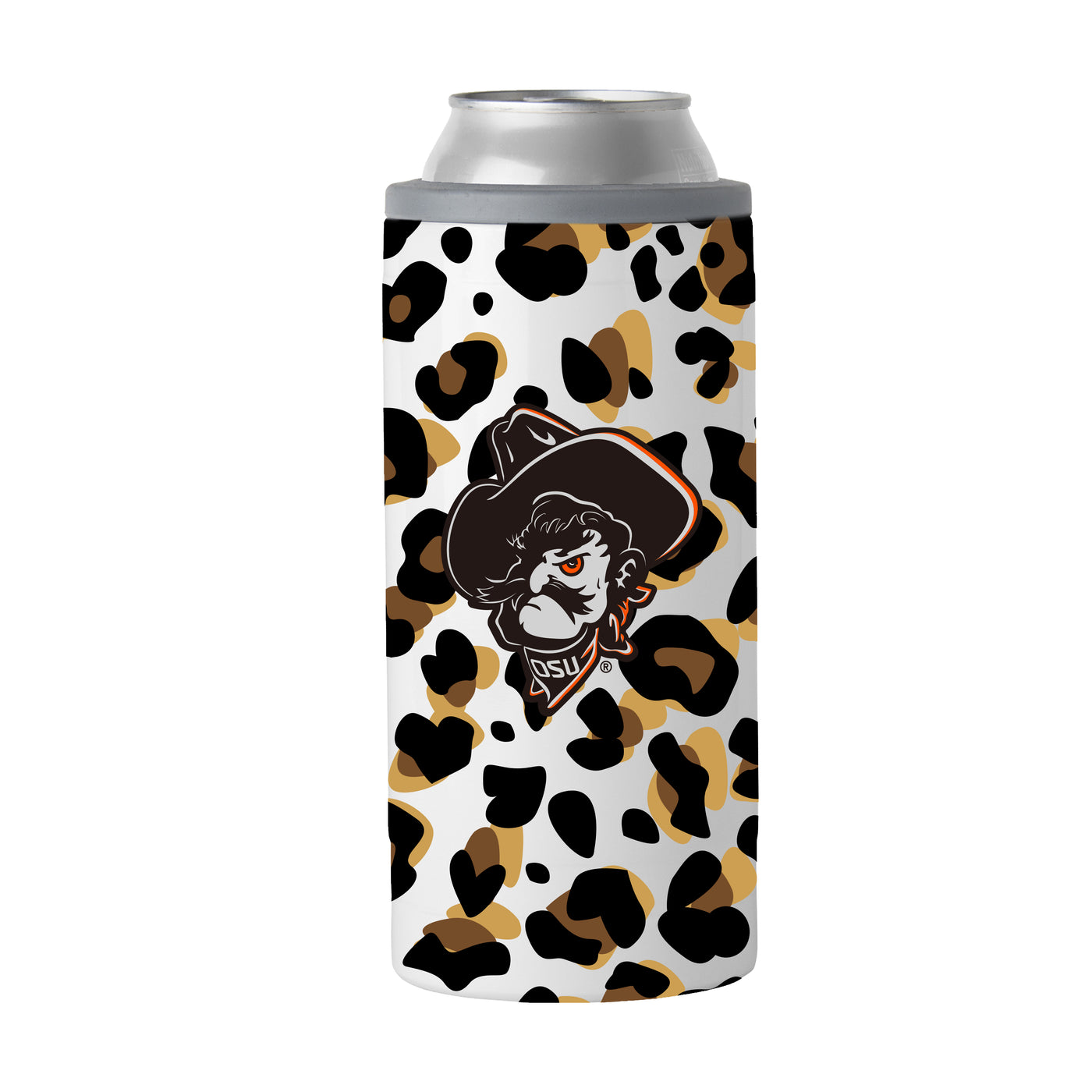 Oklahoma State 12oz Neutral Leopard Slim Can Coolie