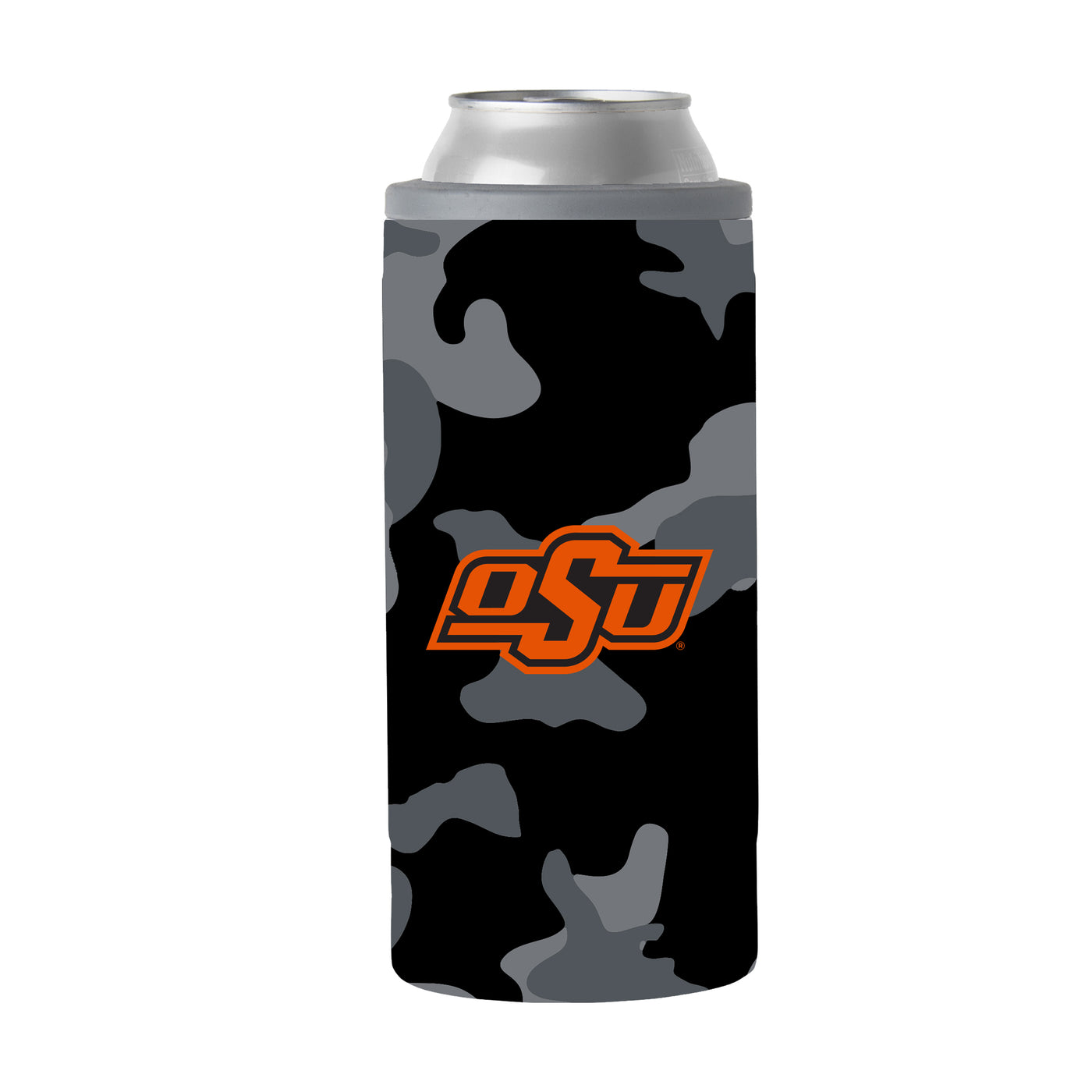 Oklahoma St Black Camo 12oz Slim Can Coolie