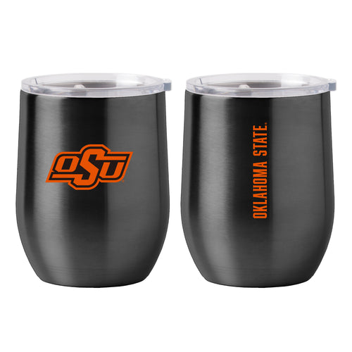 Oklahoma State 16oz Gameday stainless steel curved beverage tumbler with logo branding and spill-resistant lid.