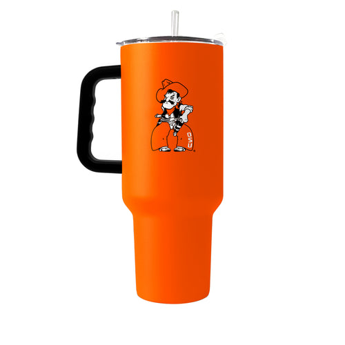 Oklahoma State Pistol Pete 40oz powder coat tumbler by Logo Brands, durable drinkware with team logo and vibrant finish.