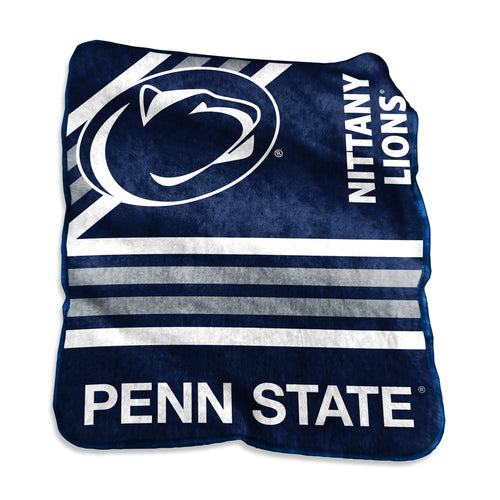 Penn State Raschel throw blanket by Logo Brands, featuring the team logo and colors, displayed folded with soft fabric texture.