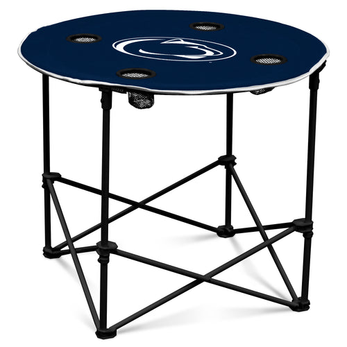 Round Penn State logo-branded table with wooden finish, perfect for classroom or lounge area furniture.