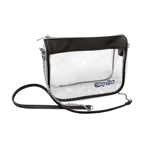 Penn State Hype clear bag with black accents, made by Logo Brands, showing its transparent design and sturdy handles.