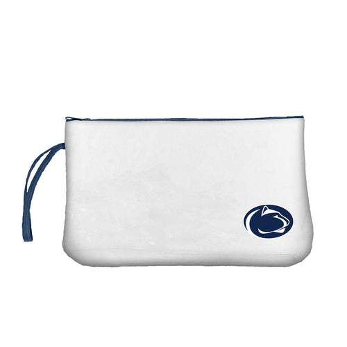 Penn State clear wristlet bag with logo branding, featuring a transparent design and wrist strap for convenient carrying.