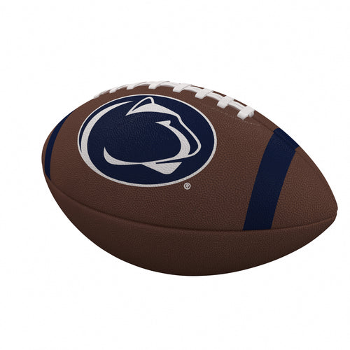 Penn State Team Stripe official-size composite football by Logo Brands with team logo and white and navy stripe design.