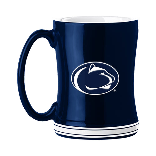 Penn State 14oz Relief Mug with University logo in white and navy, ceramic drinkware for hot beverages.